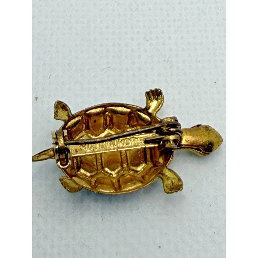 Vintage Turtle Pin Brooch Gold Tone Turquoise Blue Textured Shell Korea 1
